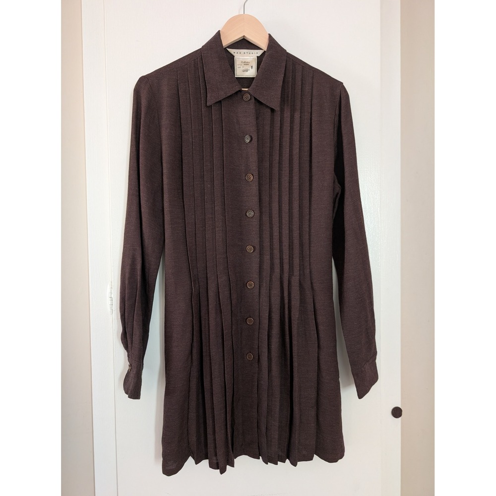 Max Studio Brown Pleated Button Down Tunic Dress Wool Womens 4 Lagenlook Vintage
